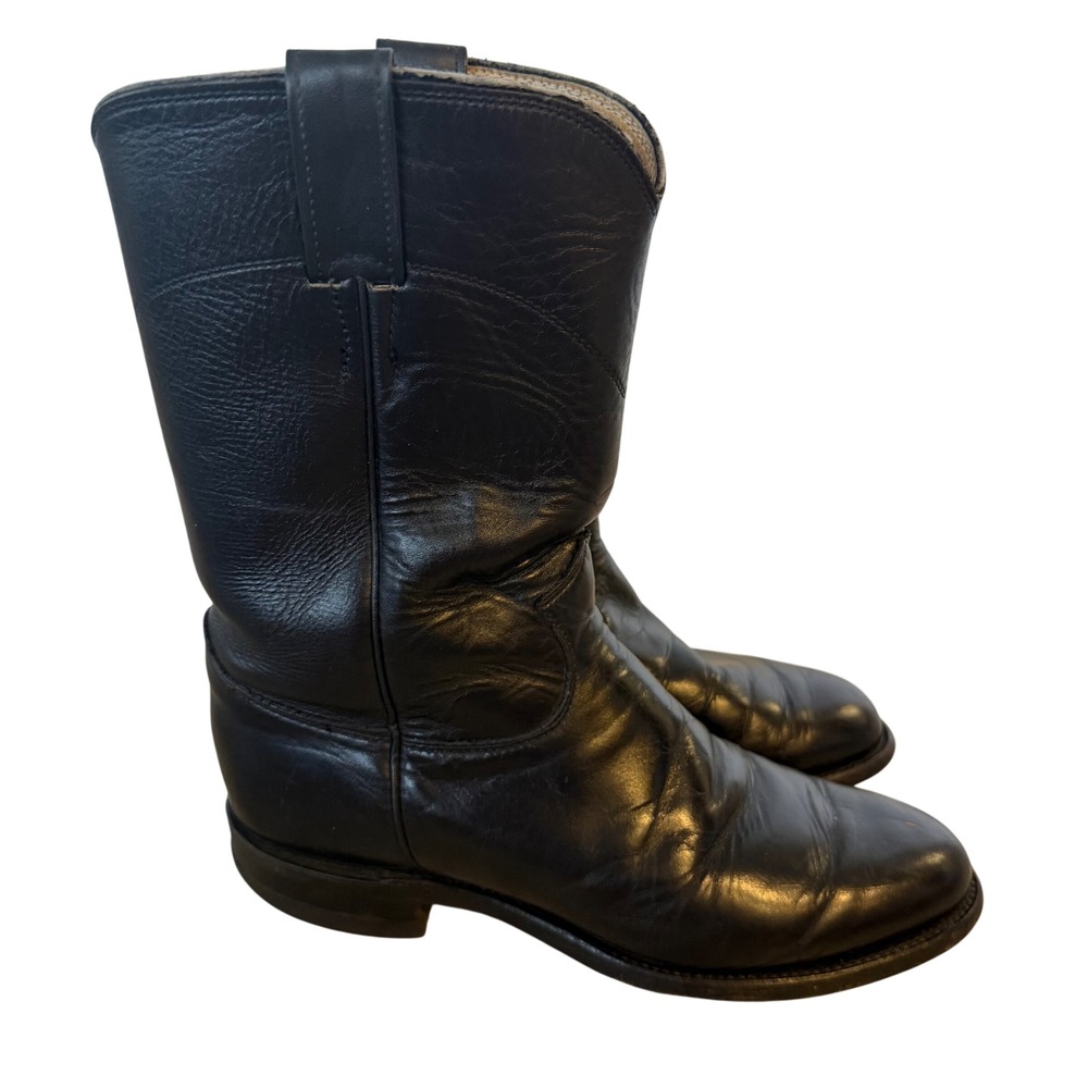 Justin 3133 Black Leather Roper Boots Mens 6.5 E Made in USA Western Cowboy